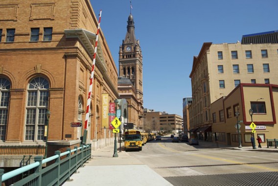 Downtown Milwaukee Wisconsin United States. City Center Road and Bridge. Milwaukee River Side Wells Street.