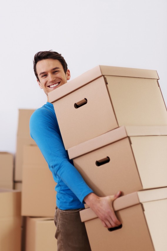 Handsome man carrying stack of boxes