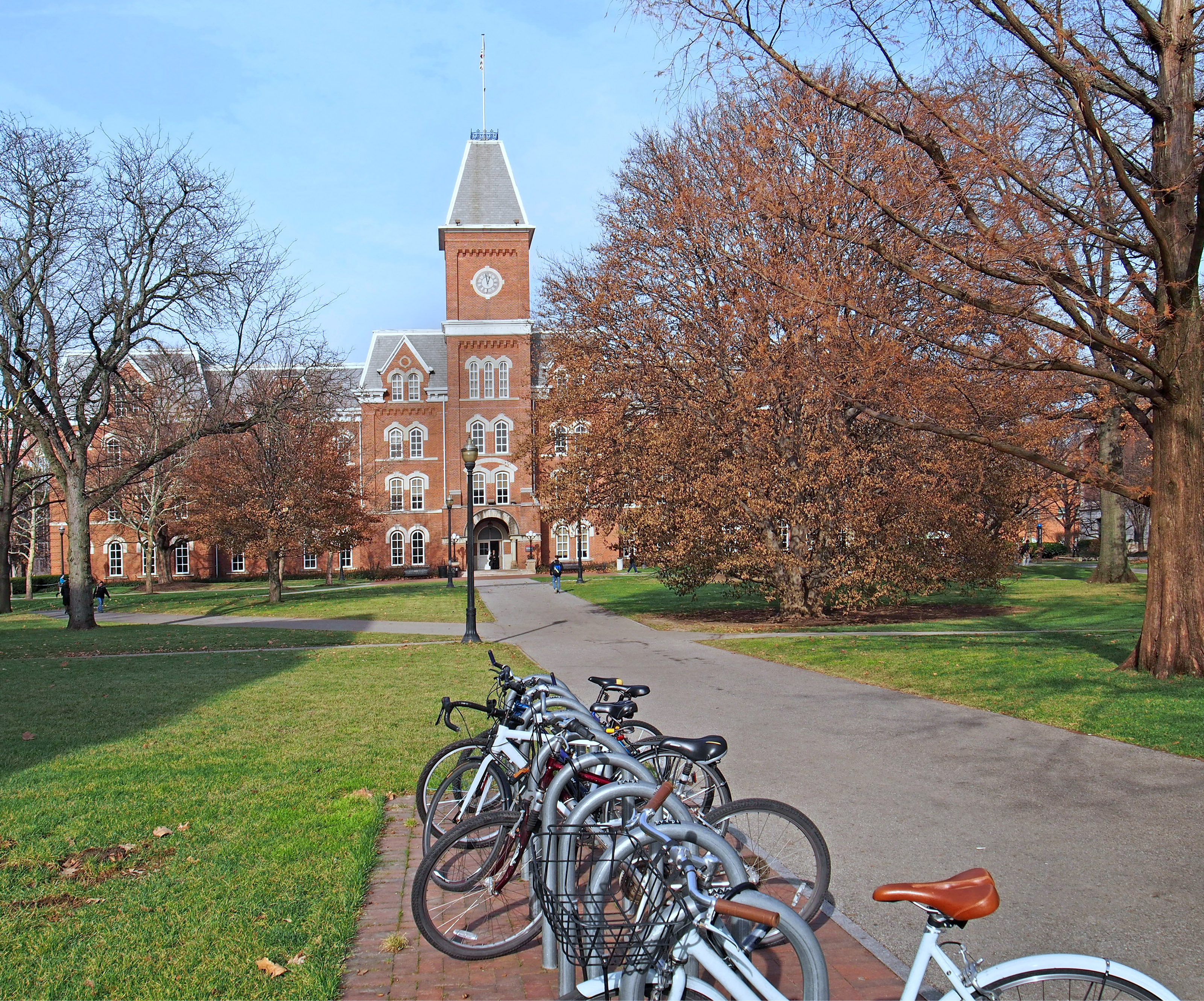 college campus with bicycle rack