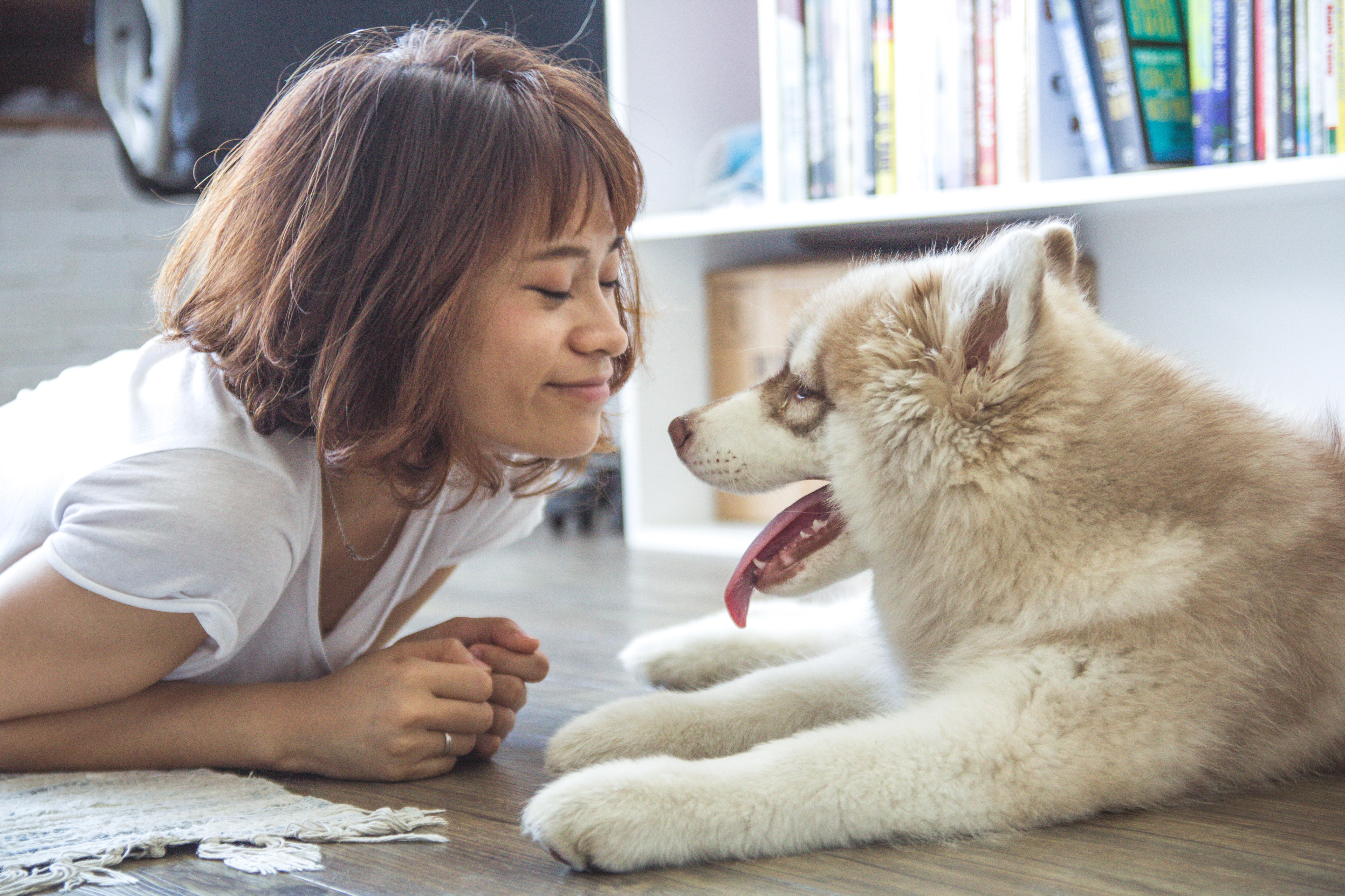 Young woman with dog, to illustrate article on pros and cons of having a pet in college.