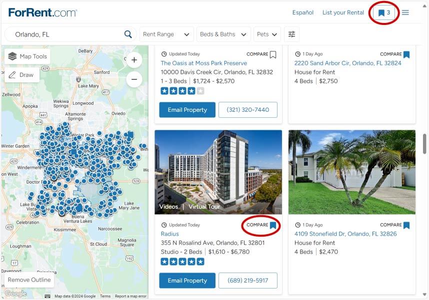 A search on ForRent.com for rentals in Orlando, Florida, shows three rentals bookmarked to view in the Compare Tool.