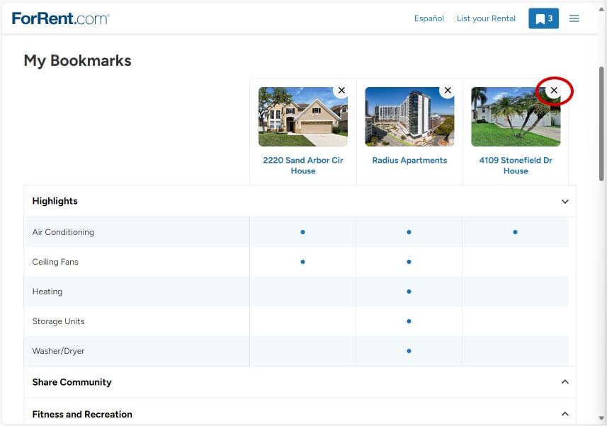 The Compare Tool shows features like air conditioning, storage units, and a washer and dryer in the Highlights section.