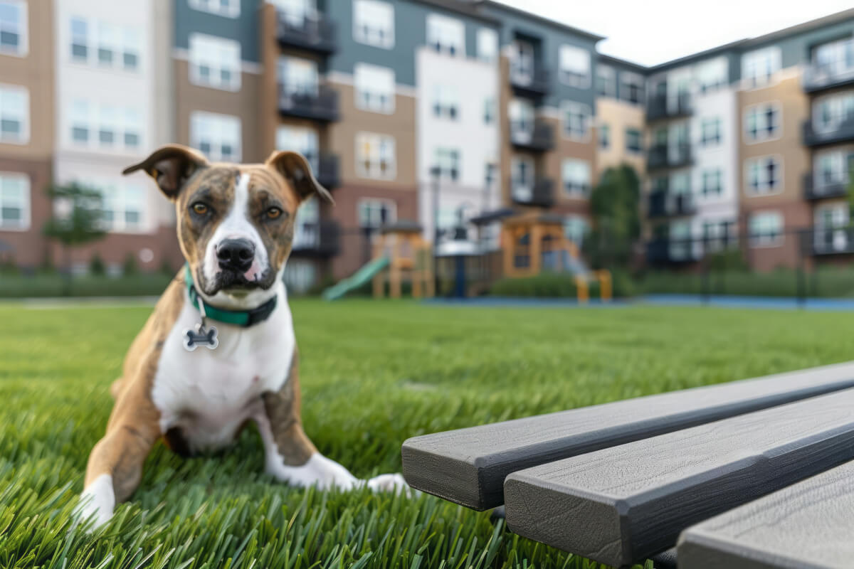 Dog plays in green space by apartment. 