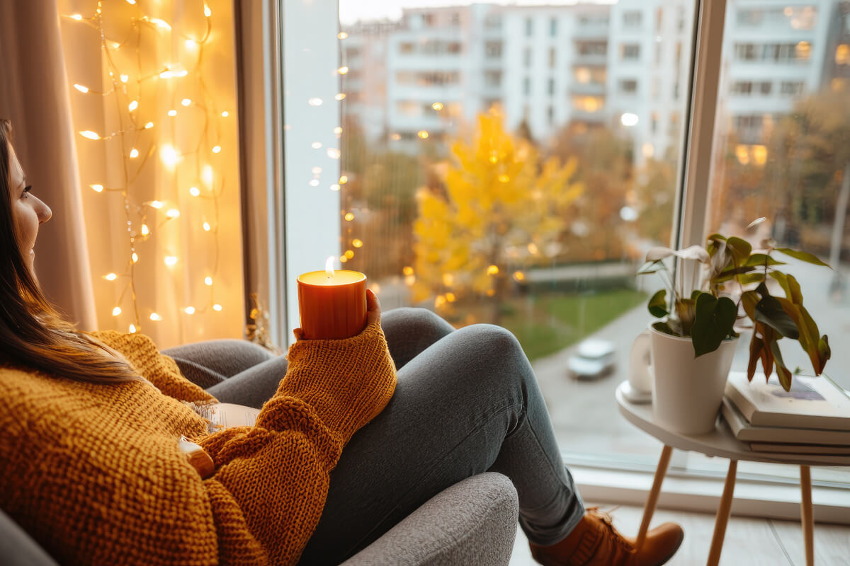 Renter sits by reading nook with candle. 