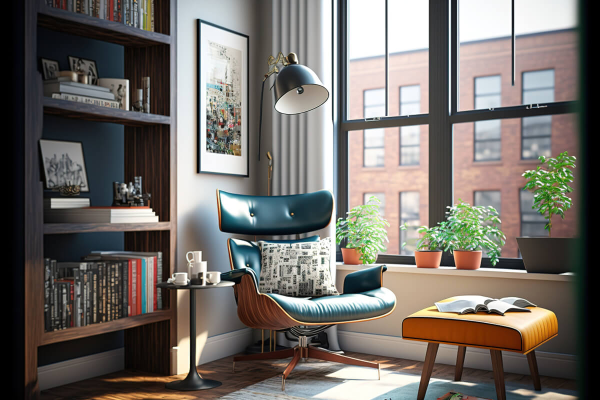 Reading corner in rental home near window and bookshelf. 